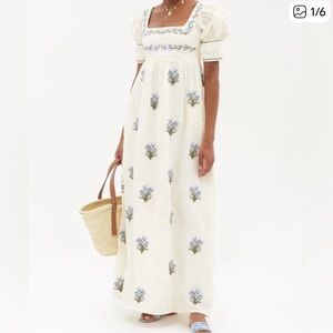 Agua Bendita Cream Maxi Dress with Blue Floral Design
